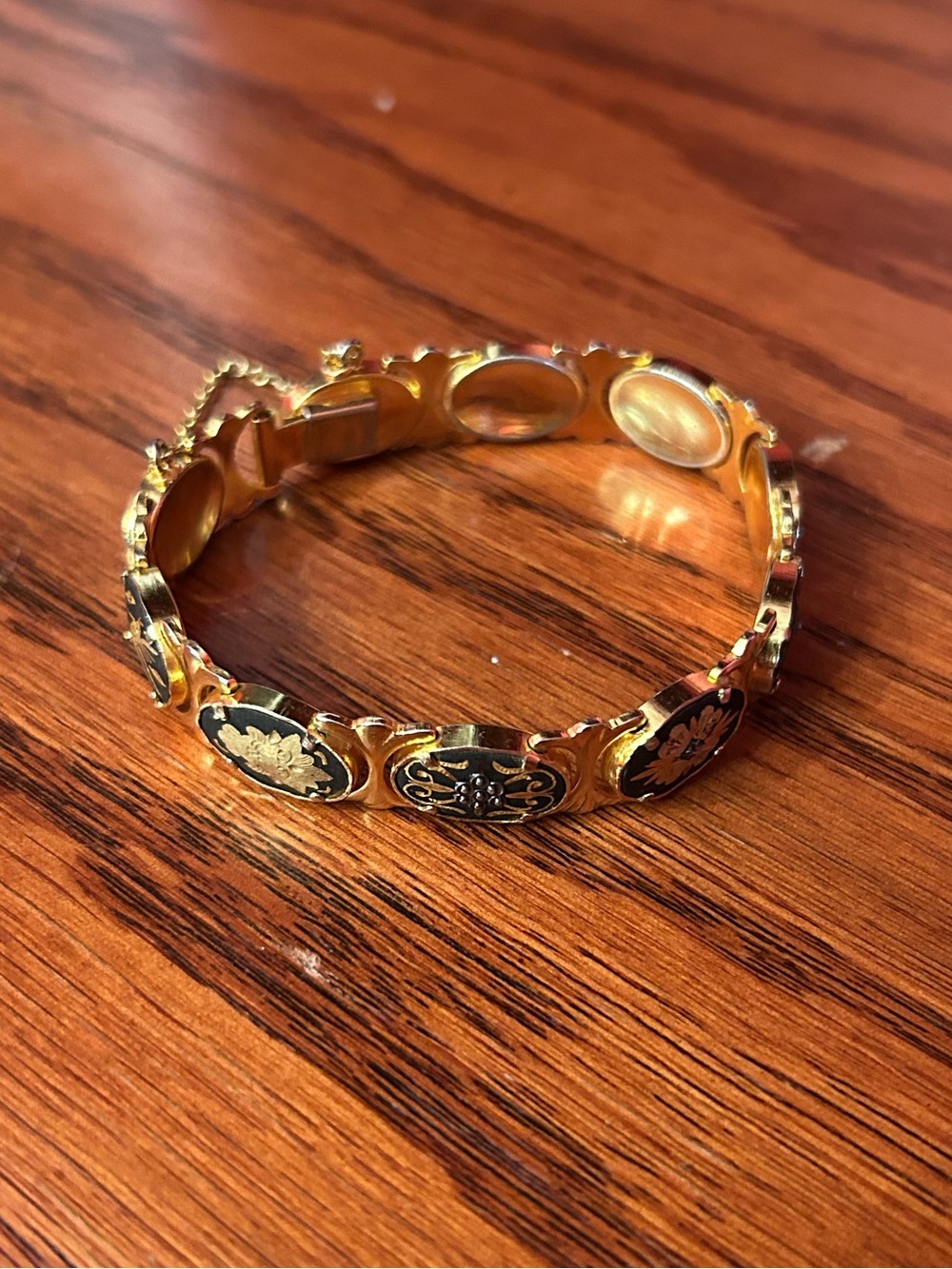 Vintage Damascene Gold-Tone Black Enamel Floral Link Bracelet